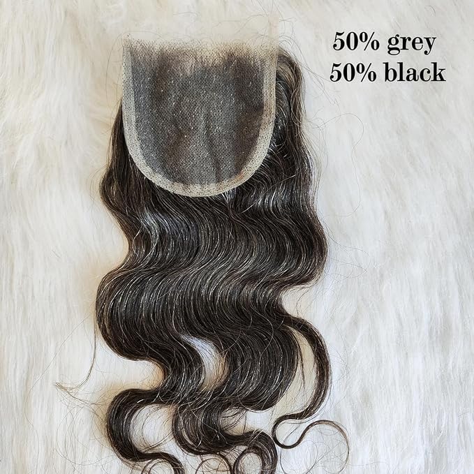 4×4 Thin HD Body Wave Human Hair Closure 12IN Raw Salt and Pepper Unprocessed Wavy Gray Closure Human Hair Invisible Thin Lace Body Wave Natural Black Mixed 50% Grey Virgin Hair Piece by Clytie