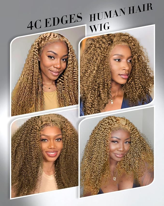 4C Edges HD Lace Front Wig Human Hair Honey Blonde Kinky Curly Wig, 13x4 Lace Frontal Kinkycurly Wigs with 4C Kinky Edges Hairline Pre-Plucked 180% Density 18 inch