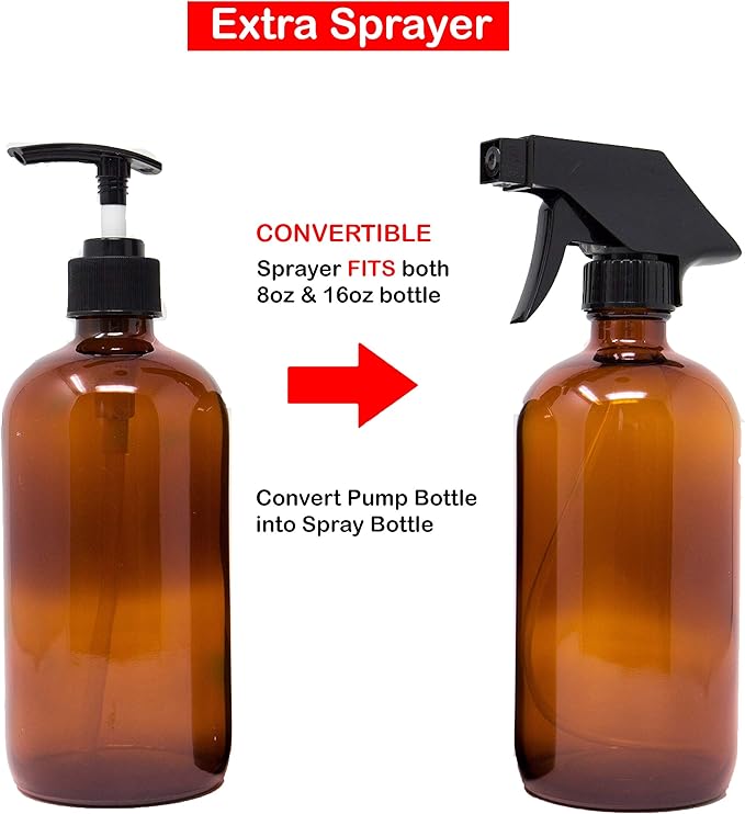 Youngever 6 Pack Empty Glass Pump Bottles, 2 Pack 16 Ounce and 4 Pack 8 Ounce Pump Bottles, Soap Dispenser, Refillable Containers (Amber)