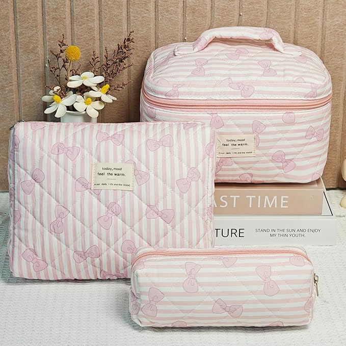 3Pcs Quilted Makeup Bag, Cute Floral Cotton Cosmetic Bag set, Coquette Bow Makeup Pouch Large Travel Toiletry Bag