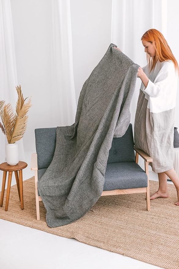 100% Linen Throw Blanket - Extra Large Bath Towel 60x80-inch Black-Natural Waffle Flax Linen Blanket Bed Throw Lightweight Absorbent Thin Oversized Bath Sheets Towels for Adults Quick-Drying XL