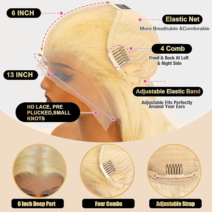 613 Lace Front Wig Human Hair 200 Density Blonde Wig Human Hair Blonde 13x6 HD Lace Front Wigs Human Hair Pre Plucked 613 Body Wave Lace Frontal Wigs 24 Inch