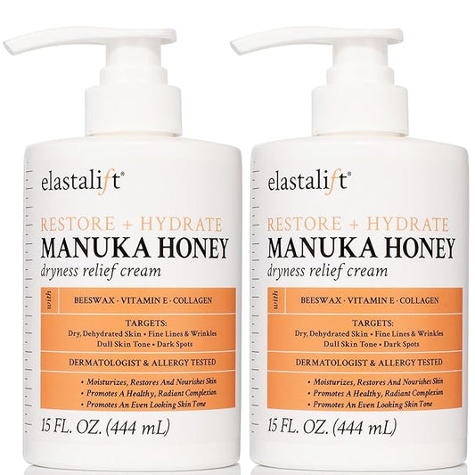 Elastalift Manuka Honey Cream Face Moisturizer & Body Butter Lotion For Dry Skin | Firming & Hydrating Miracle Balm Skin Care Moisturizing Lotion For Women, Wrinkles, & Sun Damaged Skin, 2-Pack