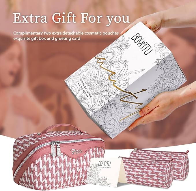 BOYATU Travel Makeup Bags for Women: Large Capacity Cosmetic Bag Set of 3 - Vegan Leather Make up Bags with Compartments - Wide Open Waterproof Toiletry Organizer Bag with Handle (E-03-Red)