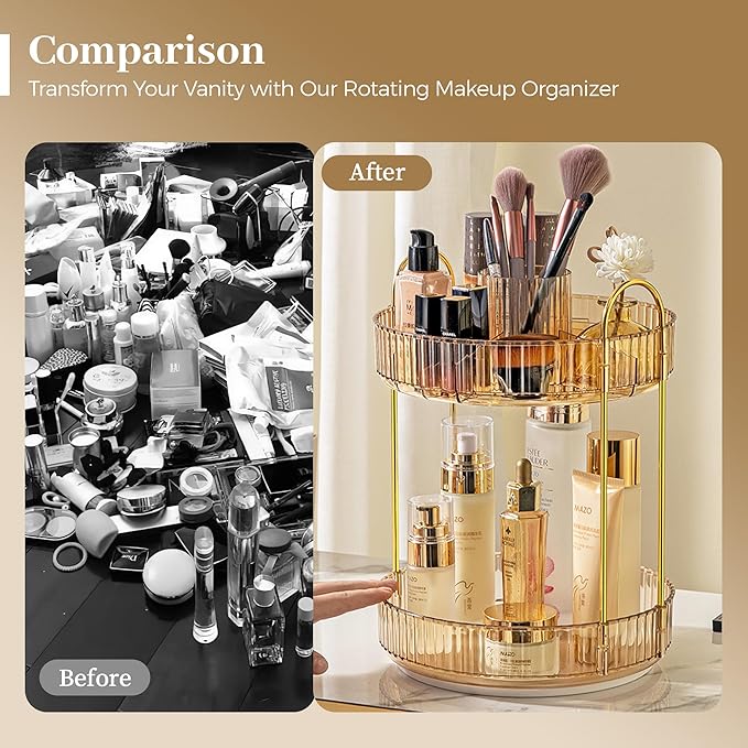 Aveniee 360 Rotating Makeup Organizer for Vanity, Upagraded Perfume Skincare Bathroom Counter Organizers with Brush Divider, Two Tier Spinning Lipstick Cosmetic Makeup Lotion Storage Organizer(Gold)