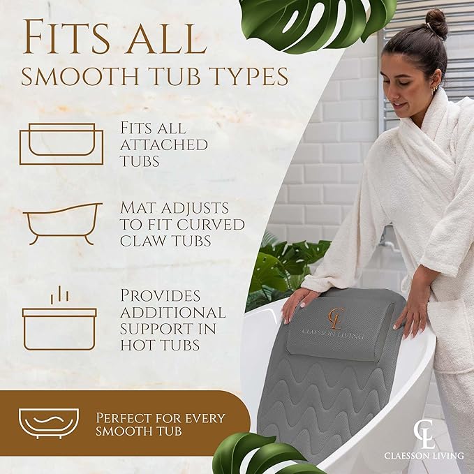 Full Body Bath Pillow (17'' x 49'') - Bathtub Cushion with Headrest Supports Neck, Back and Legs - Free Hanging Hooks for Fast Drying Over Tub - Includes Washing and Travel Bags - Gray