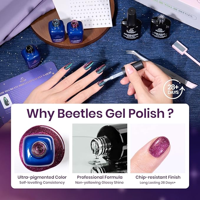 Beetles Gift Gel Nail Polish Set, Cat Eye Black Gel Polish Brilliant Galaxy Nail with Base & Top Coat, Star Stickers, Magnet, Tweezers DIY Series Color Nail Trend Set Manicure