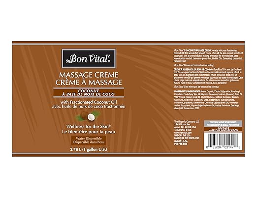 Bon Vital' Coconut Massage Creme with 100% Pure Fractionated Coconut Oil, Massage Cream & Moisturizer to Repair Dry Skin, No Greasy Feel, Professional Massage Anti-Aging Cream, 1 Gal, Label may Vary
