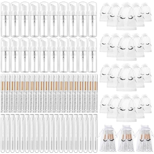 Zhehao 80 Pcs Lash Shampoo Bottle Brushes Kit 20 Foam Pump Dispensers 20 Lash Shampoo Brushes 20 Eyelash Aftercare Bag 20 Cleaning Pipes, Eyelash Extension Supplies(White, Sliver)