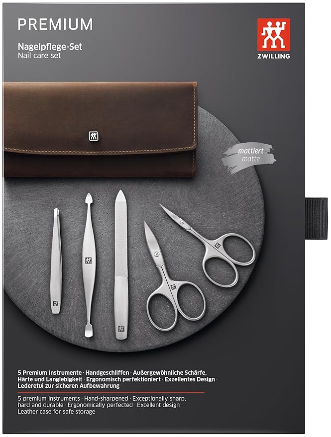 TWINOX Manicure and Pedicure Set, Travel case Set for Hands and feet, Nail Care, Genuine Leather, 5 Pieces, Brown