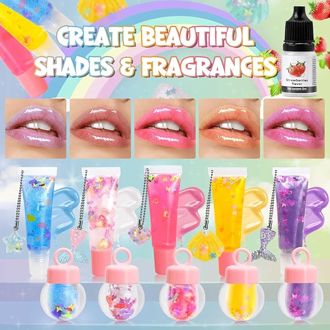 Jcoos Lip Gloss Making Kit - 73PCS Keychain DIY Lip Gloss, Shimmery Moisturizing Lip Glaze Handmade Set, Fun Craft Kit for Beginner, Women, Kids, Tween, Preteen, Teens Girl Gifts Trendy Stuff