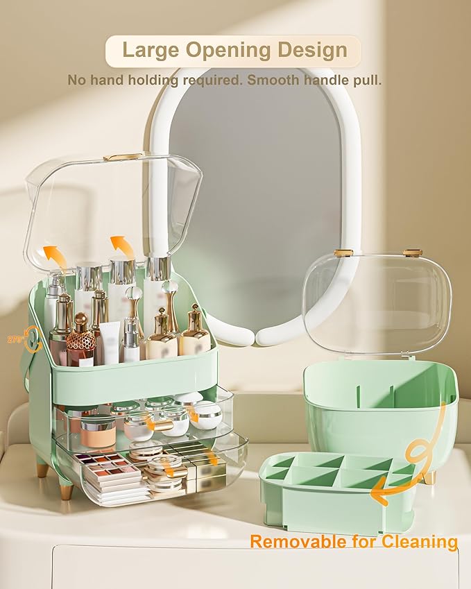 Makeup Organizer, Skincare Holder Bathroom Counter Organizer, Storage Box Cosmetic Display Cases, Teen Girl Gifts Trendy Stuff Make up Organizers for Vanity, Dresser, Countertop (Green)