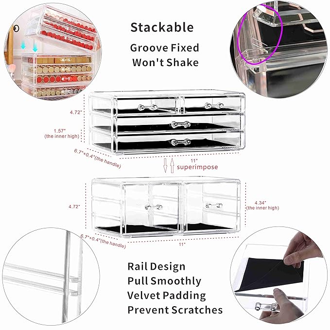 Cq acrylic 2 Pack Clear Stackable Storage Drawers for Vanity,Stackable 6 Drawers Desktop Organizer With Drawers,Cute Desk Storage for Office,Jewelry,Hair Clip,Beauty,Skincare and Make Up Organizers