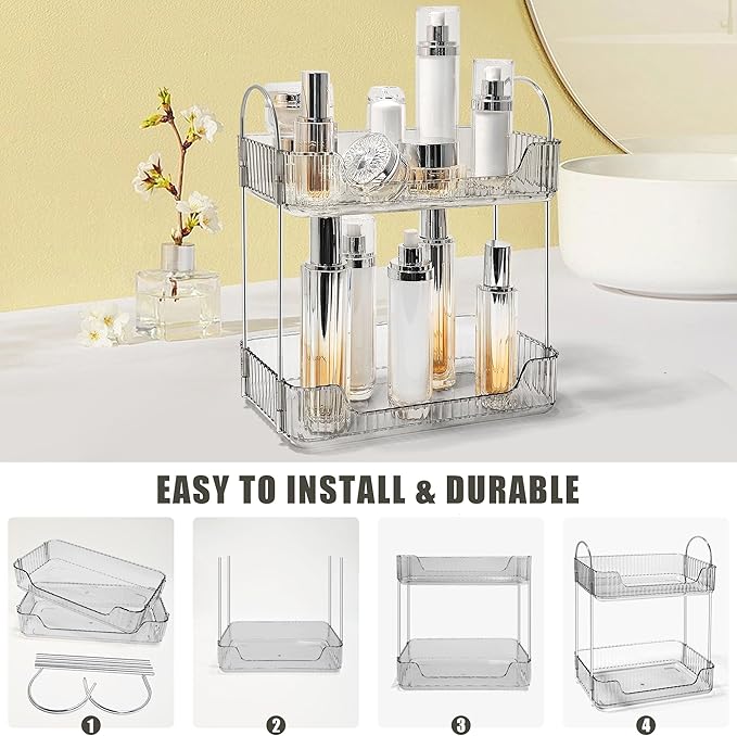 Bathroom Counter Organizer Countertop Storage Skincare Countertop Makeup Organizer Cosmetics Skincare Organizers Holder for Perfume-Grey-Silver Pole