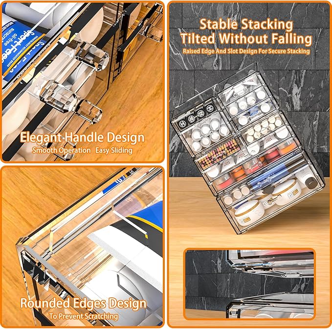 Cq acrylic Clear Makeup Organizer and Storage Stackable Skin Care Cosmetic Display Case with 8 Drawers Make up Stands For Jewelry Hair Accessories Beauty Skincare Product Organizing