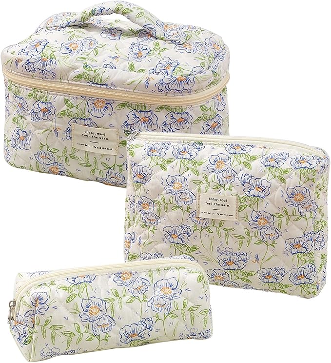 Quilted Floral Makeup Bag 3PCS, Cute Cotton Coquette Aesthetic Travel Toiletry Bag, Zipper Cosmetic Pouch, Daily Travel Use Skincare Bag, Large Capacity (Sapphire Bloom)
