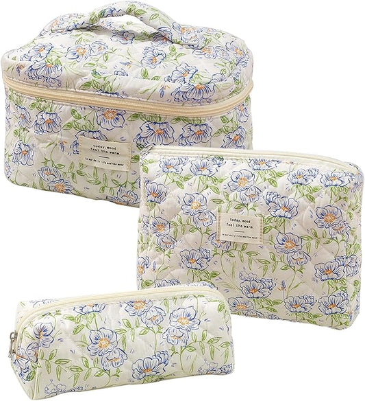 Quilted Floral Makeup Bag 3PCS, Cute Cotton Coquette Aesthetic Travel Toiletry Bag, Zipper Cosmetic Pouch, Daily Travel Use Skincare Bag, Large Capacity (Sapphire Bloom)