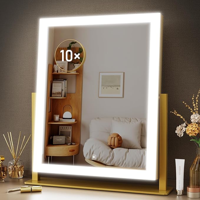 15.2" Lighted Makeup Mirror Hollywood Vanity Mirror with Lights, Three Color Modes,Detachable 10X Magnification Mirror, Smart Touch Control, 360°Rotation White