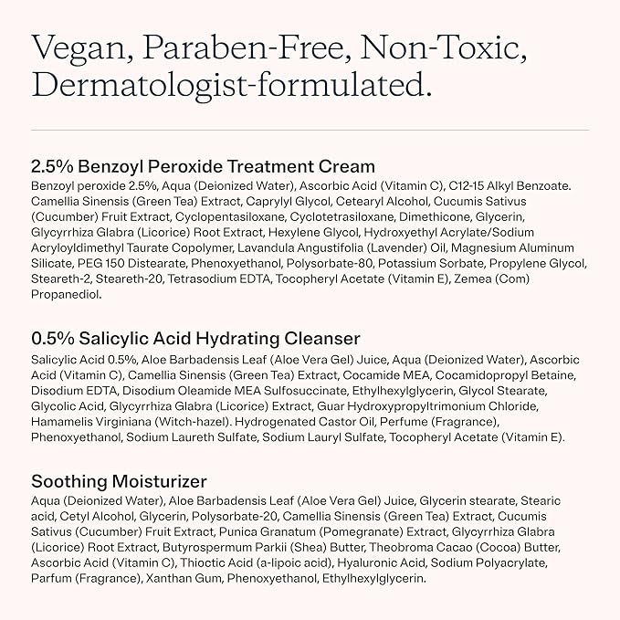 MDacne 3 Step Benzoyl Peroxide Acne Treatment Kit - Benzoyl Peroxide Cream 2.5%, Salicylic Acid Cleanser, Niacinamide Moisturizer – Medicated Plant-Based Kit for Adult & Teen Acne, 30 Day Acne Kit