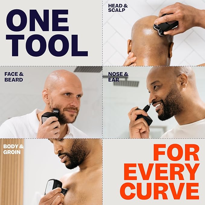 FlexSeries Pro Electric Head & Body Shaver - Mens Cordless Rechargeable Wet/Dry Skull Bald Head Back & Groin Waterproof Razor with Rotary Blades, Clippers, Nose Trimmer, Brush, Massager