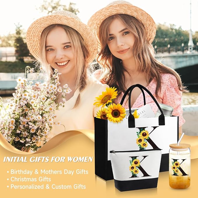 Personalized Gifts for Women, Monogrammed Gifts for Women, Initial Monogram Gifts Sunflower Birthday Gifts for Women Mom Sister Best Friends - Monogrammed Canvas Tote Bag & Makeup Bag & Glass Cup K