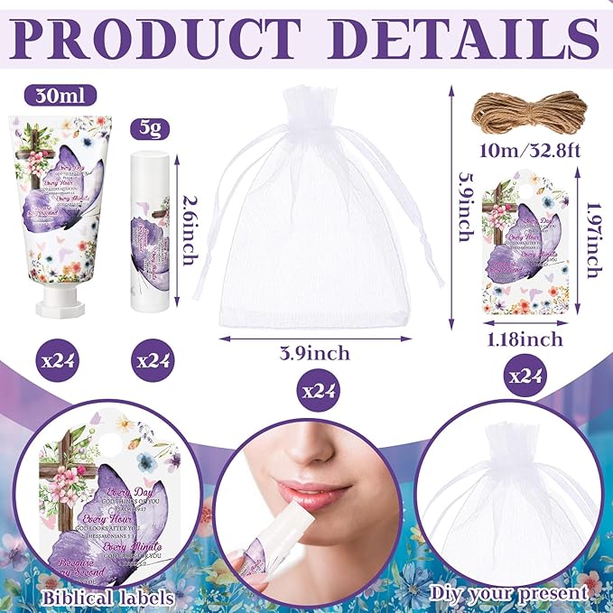 24 Sets Christian Hand Cream and Lip Balm Gift Set Christmas Christian Gift for Women Travel Size Hand Lotion Bible Verse Lip Balm Bulk for Baby Bridal Shower Mom Holiday Gift(Romantic)