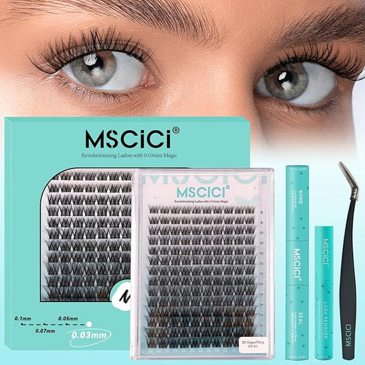 VogueFlora.03 EyeLash Clusters Kit 3D Hybrid 8-16mm D Curl - DIY Doll Eye Wet Look Angel Sets Lash Extensions Ultra Soft Spiky Lashes Individual Fake Eyelashes Clusters Kit Invisible Lash Band