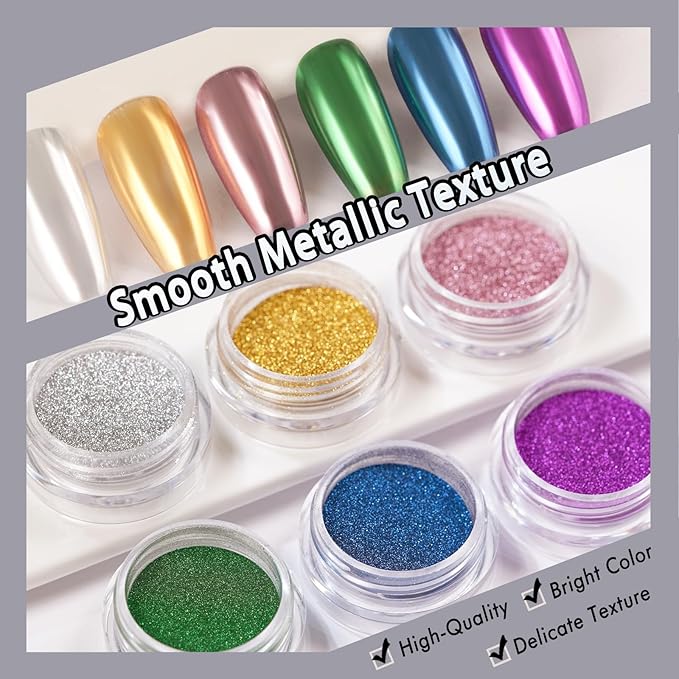 6 Color Set 0.5g/Jar Chrome Nail Powder Metallic Mirror Pigment Dust for Manicure Nail Art Decoration Gold Silver Brown Green Blue Purple Rubbing Glitter (TA 6 Pcs Set-03)