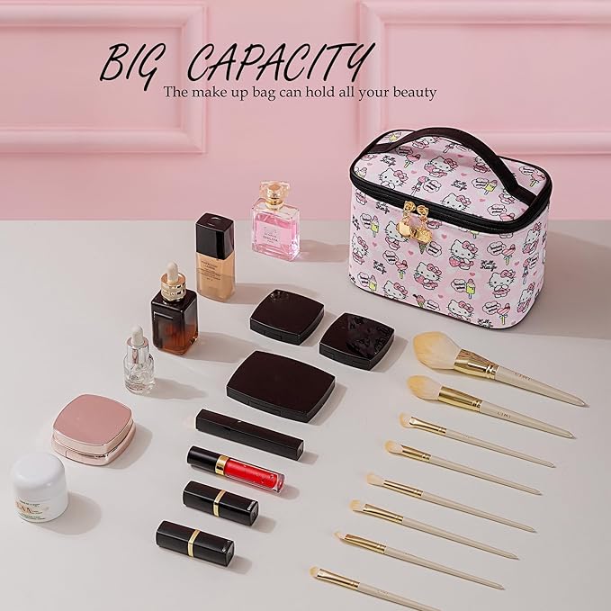 AmBealla Cosmetic Bag Large Makeup Bags Pink Travel Case with Makeup Brush Holder,2PCS Cosmetic Organizer for Women, Toiletry Storage Bag for Skincare & Beauty Tools Sweet Cute for Girls