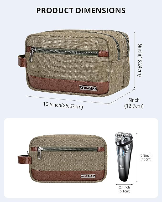 WITZMAN Canvas Toiletry Bag for Men Hanging Dopp Kit Organizer Water-resistant Travel Toiletries bag Men Bathroom Bag with Wet Pocket(A8001 Army Green)
