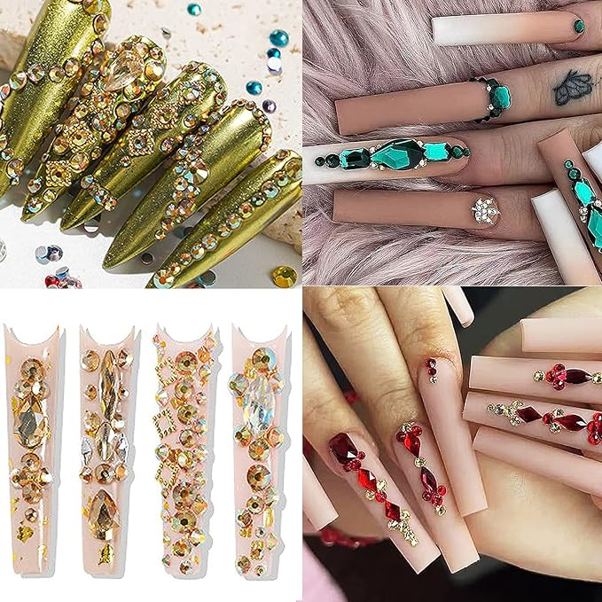 3820 Pcs Rhinestones for Nails, Red Emerald Green Royal Light Lake Blue Gold Nail Rhinestones Crystals Multi Shaped Sized Flatback Nails Glass Gems Crystals for Nails DIY Crafts