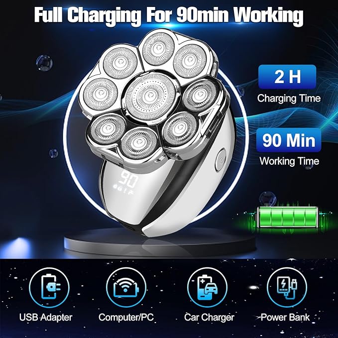 Upgrade Head Shavers for Bald Men,Head Shaver 9D, 6-in-1 Electric Razor Grooming Kit with Nose Hair Trimmer, Waterproof Wet/Dry Shaver, LED Display, Rechargeable Bald Head Razor, Gift for Men (silver)