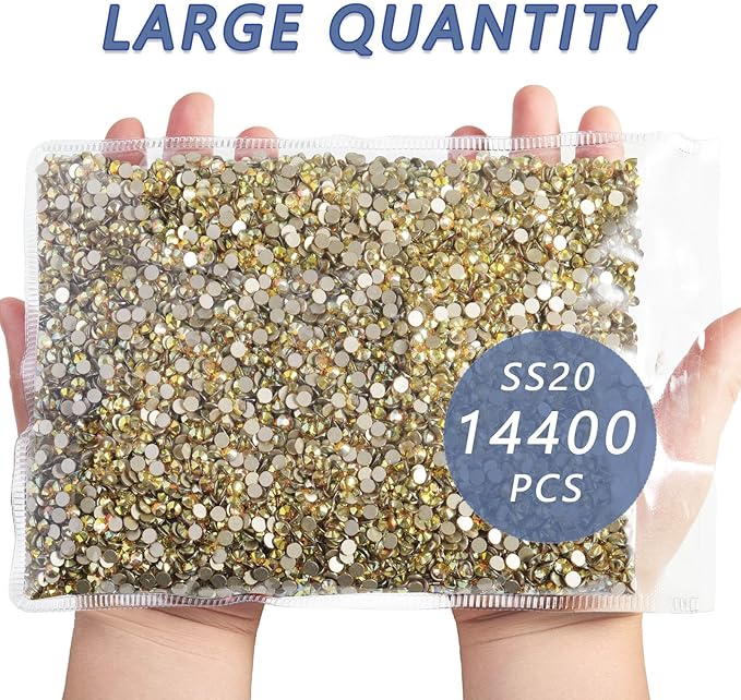 Beadsland Flatback Rhinestones Bulk,14400pcs Gold Rhinestones for Nails Crafts Clothes DIY Decoration, Metal Sunlight, SS20, 4.6-4.8mm