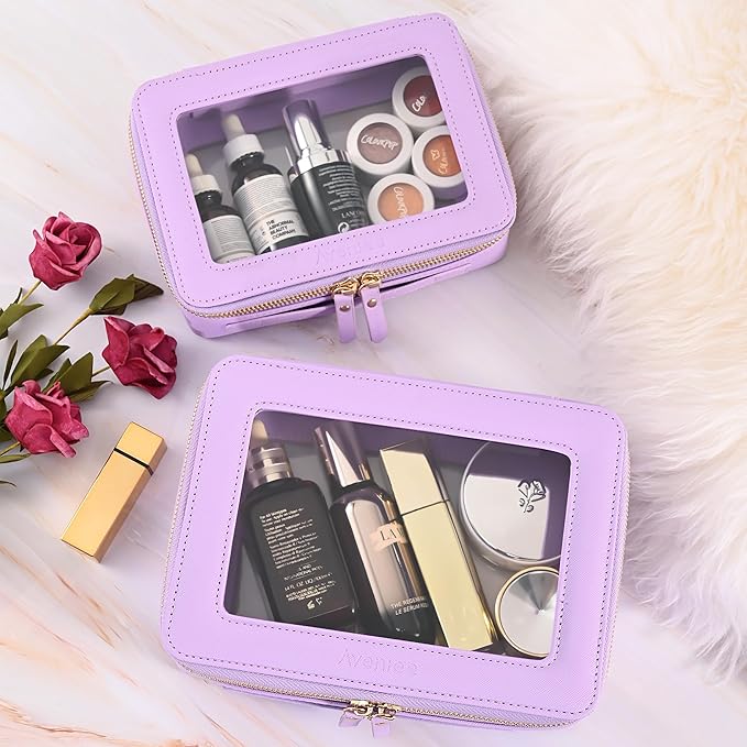 Aveniee Clear Makeup Bag for Women, Cosmetic Bags Skincare Toiletry Bag, Heavy Duty Makeup Organizer, Makeup Train Case with Clear Windows & Gold Zippers(Lilac)