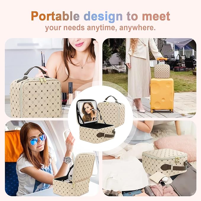 Travel Makeup Bag With 360° rotating LED Mirror,Waterproof cosmetic organizer,Portability Cosmetic case,Makeup organizer,Gift for Women,Girls Gift (Beige + Brown)