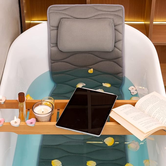 OMYSTYLE Full Body Bath Pillow, Bath Pillows for tub with Mesh Washing Bag & 21 Non-Slip Suction Cups, Spa Bathtub for Head Neck Shoulder and Back Support - 5D Air Mesh & Quick Drying | Gray