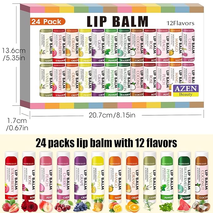 AZEN 24 Pack Lip Balm, Natural Lip Balm Bulk, Moisturizing Lip Balms for dry cracked lips