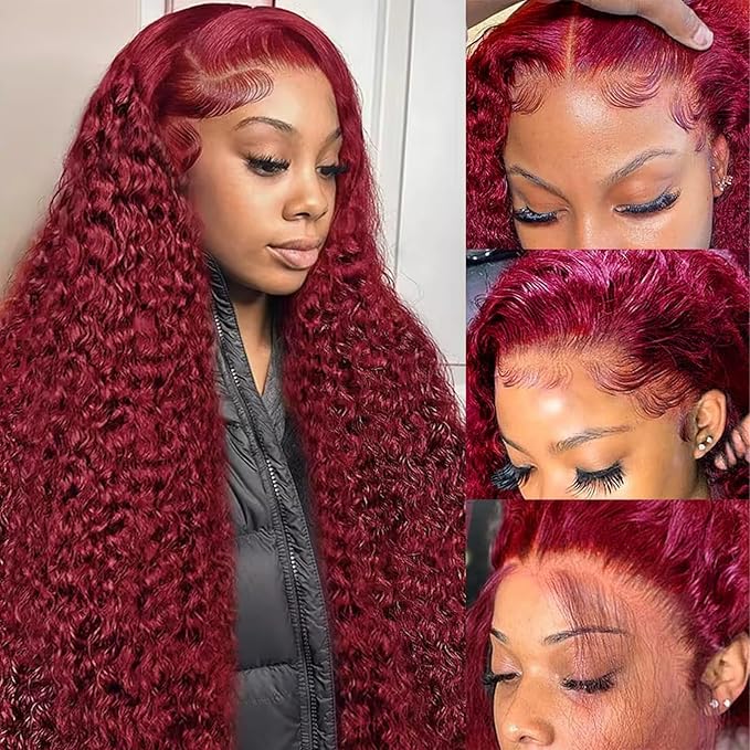 34 Inch 99j Burgundy Lace Front Wig Human Hair 200 Density 13x4 Deep Wave Pre Plucked Wine Red Curly Wet Wavy HD Full Lace Frontal Glueless for Women