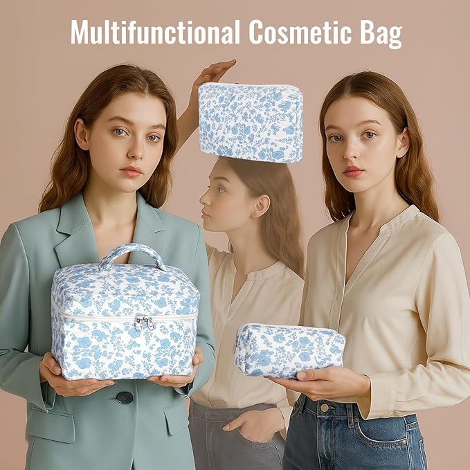3Pcs Cotton Quilted Makeup Bag for Women Girls, Large Floral Cosmetic Bag Set Cute Makeup Brushes Aesthetic Accessories Storage Bag Travel Toiletry Bag Organizer, Little Flower Blue
