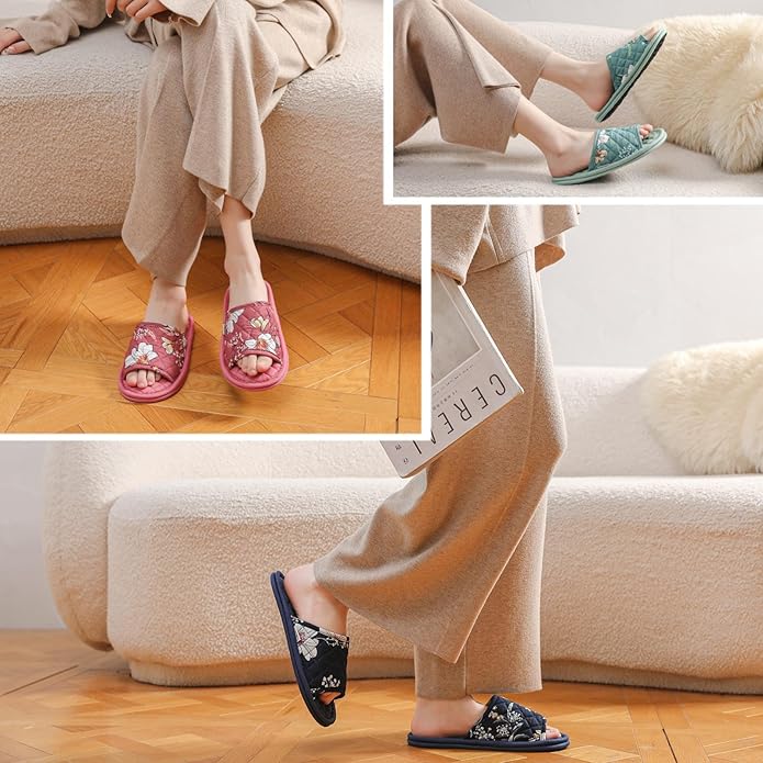 3 Pairs Floral Cotton House Slippers for Women, Open Toe Indoor Slippers Comfortable Washable Portable Foldable Guest Travel Hotel Airplane Spa Slippers