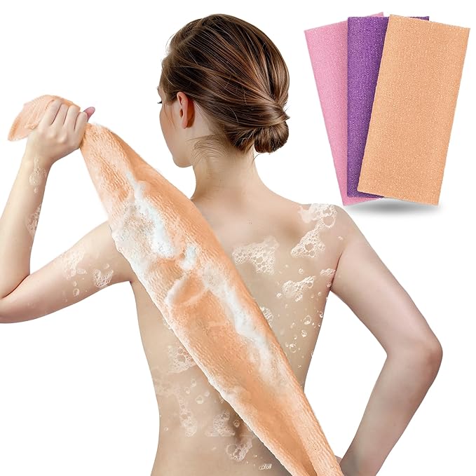 Exfoliating Washcloth Body Scrubber Back Scrubber for Shower Japanese Beauty Washcloth Bath Wash Cloth Korean Exfoliation Luffah Towel Net Sponge Loofah Body Scrub 3 Pack by ARCH&M (Peach Purple Pink)