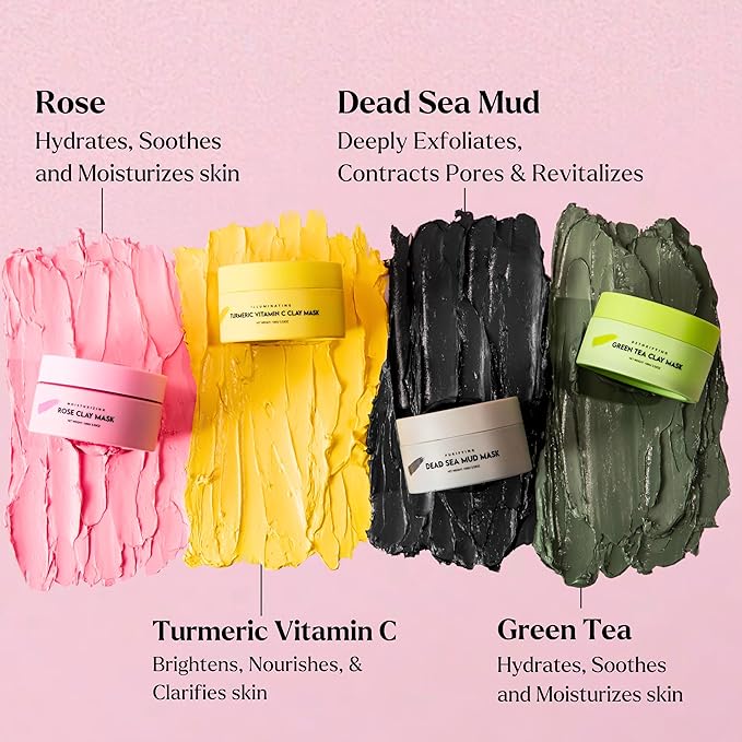 VogueNow Clay Mask Gift Pack of 4 Jars (400g) With Cute Headband & Brush | Premium Clay Face Mask | Turmeric Vitamin C, Green Tea, Rose, Dead Sea Mud | Clay Mask For Face | Spa Gift set for Women