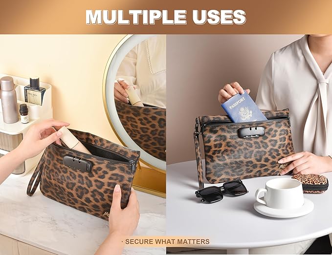 Storage Bag with Combination Lock and Accessories Travel Medicine Bag Container Money Cosmetic Organizer Great Christmas Gifts for Women Leopard