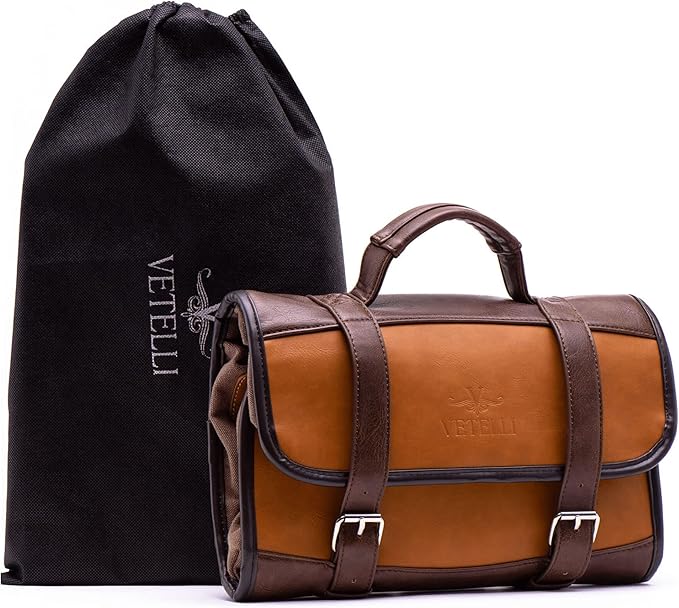 Vetelli Leather Toiletry Bag for Men - Water Resistant, 2 Zippered Internal Pockets, 2 Snap-Fastened Internal Pockets, and Hanging Hook.