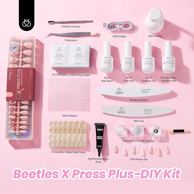 Beetles X Press Gel Nail Kit, French Tip Press On Nails Short Almond Kit with 224Pcs Nail Tips Nail Glue Builder Gel Top Coat Mini UV Light All-in-One DIY Wedding Nail Designs Gift for Women