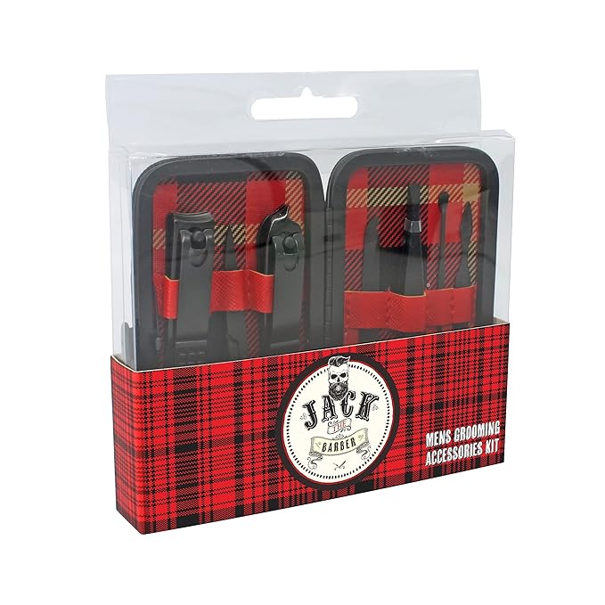 JACK THE BARBER 7 Piece Men's Grooming Kit Stainless Steel, Nail Clippers, Scissors, Nail Cleaner, Nail File Tweezer, and Other Accessories, Best Care Tools for Man.