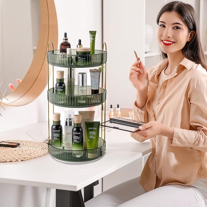 Aveniee Rotating Makeup Organizer for Vanity, 3 Tier Skin Care Perfume Bathroom Counter Organizers and Storage, Clear Spinning Cosmetics Storage Holder for Dresser(Green)