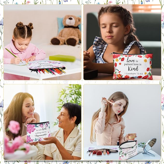 24 Pcs Christian Makeup Bag Bible Cosmetic Bags Inspirational Bible Verse Toiletry Pouches Canvas Motivational Pouches with Zipper for Women Organize Cosmetics Toiletries Stationery(Floral)