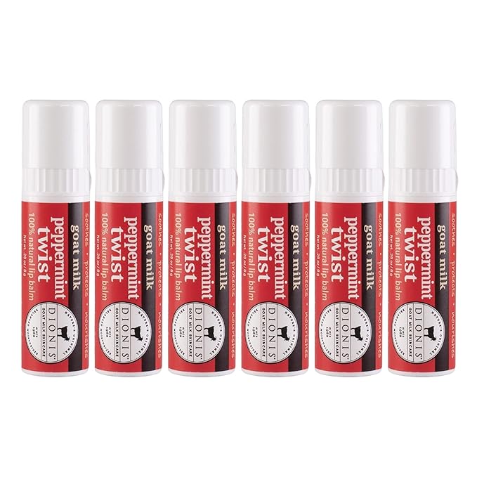 Dionis - Goat Milk Skincare Scented Lip Balm, Set of 6 (0.28 oz), Moisturize Dry and Chapped Lips, Cruelty-free and Paraben-free (Peppermint Twist)
