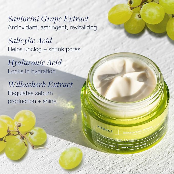 KORRES Santorini Grape Poreless Skin Care Cream, Gel Face Moisturizer for Women with Hyaluronic acid and Salicylic Acid, Pore Minimizer, Balanced Hydration for Dry, Oily & Sensitive Skin, 1.35 fl oz